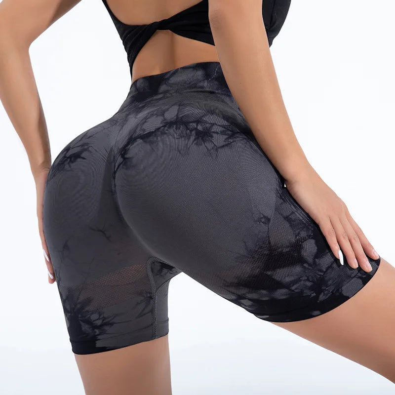 High-waist seamless tie-dye shorts for women, elastic, slim fit, perfect for gym workouts and running.