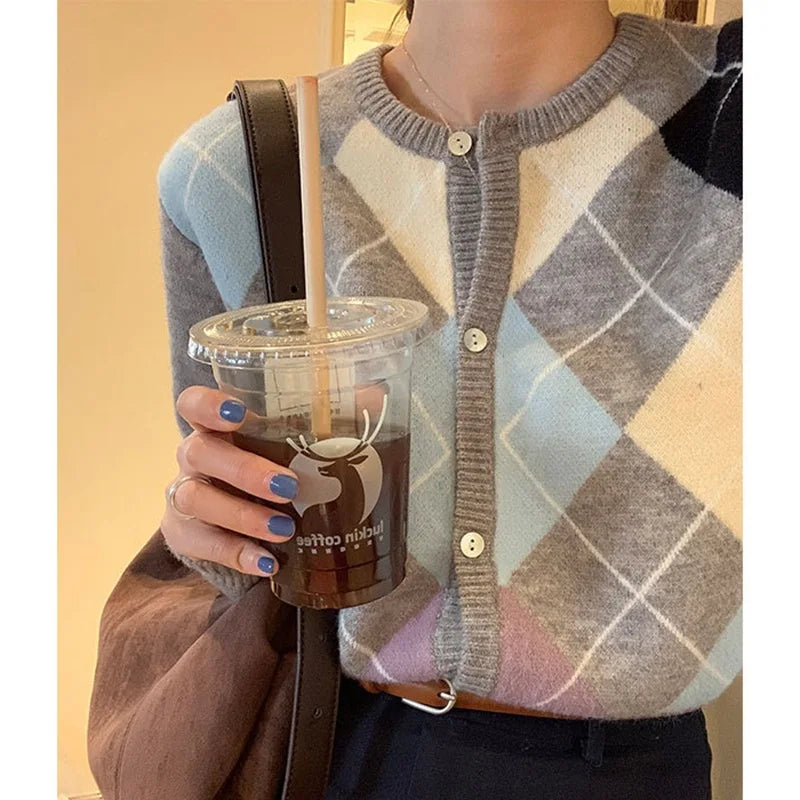 Autumn/Winter Ladies' Knitted Cardigan: Loose Fit, Korean Retro Plaid Sweater"