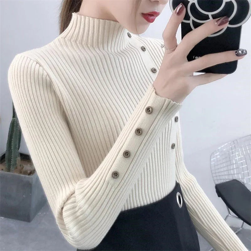 Women Autumn Knitted Slim Sweaters Solid Knitted Female Cotton Soft Elastic Color Pullovers Button Full Sleeve Turtleneck