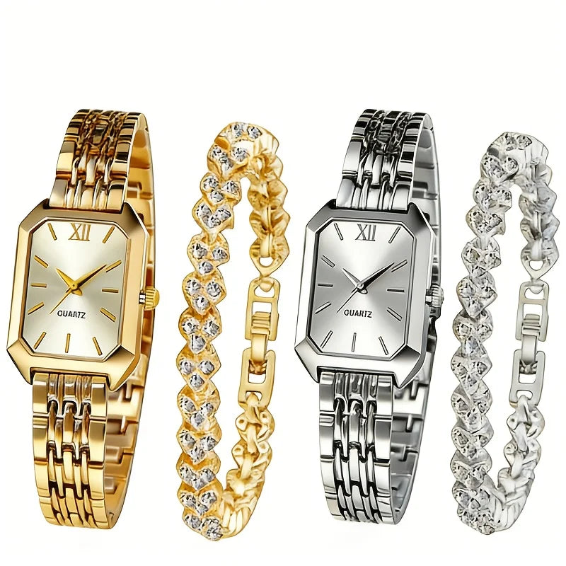 Elegant Rectangle Women's Quartz Watch & Heart Bracelet Set – 4PCS Ladies Wristwatch
