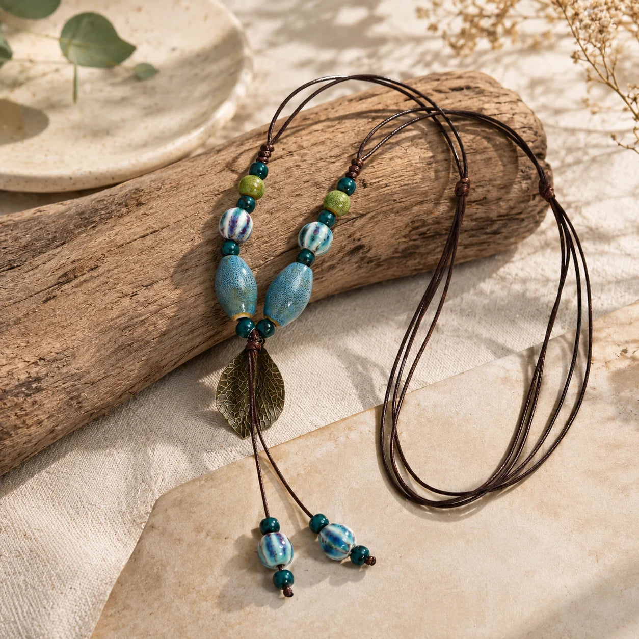 Handmade Ceramic Leaf Pendant Necklace – Adjustable Wax Cord Artisan Jewelry Gift