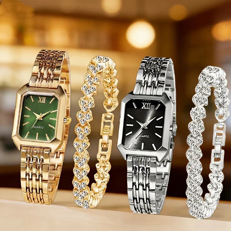 Elegant Rectangle Women's Quartz Watch & Heart Bracelet Set – 4PCS Ladies Wristwatch
