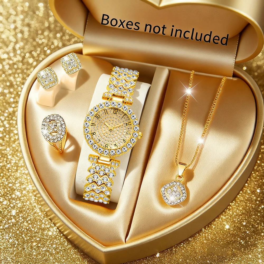 Luxury Rhinestone Women's Quartz Watch & Jewelry Set – 5PCS Elegant Bracelet Wristwatch