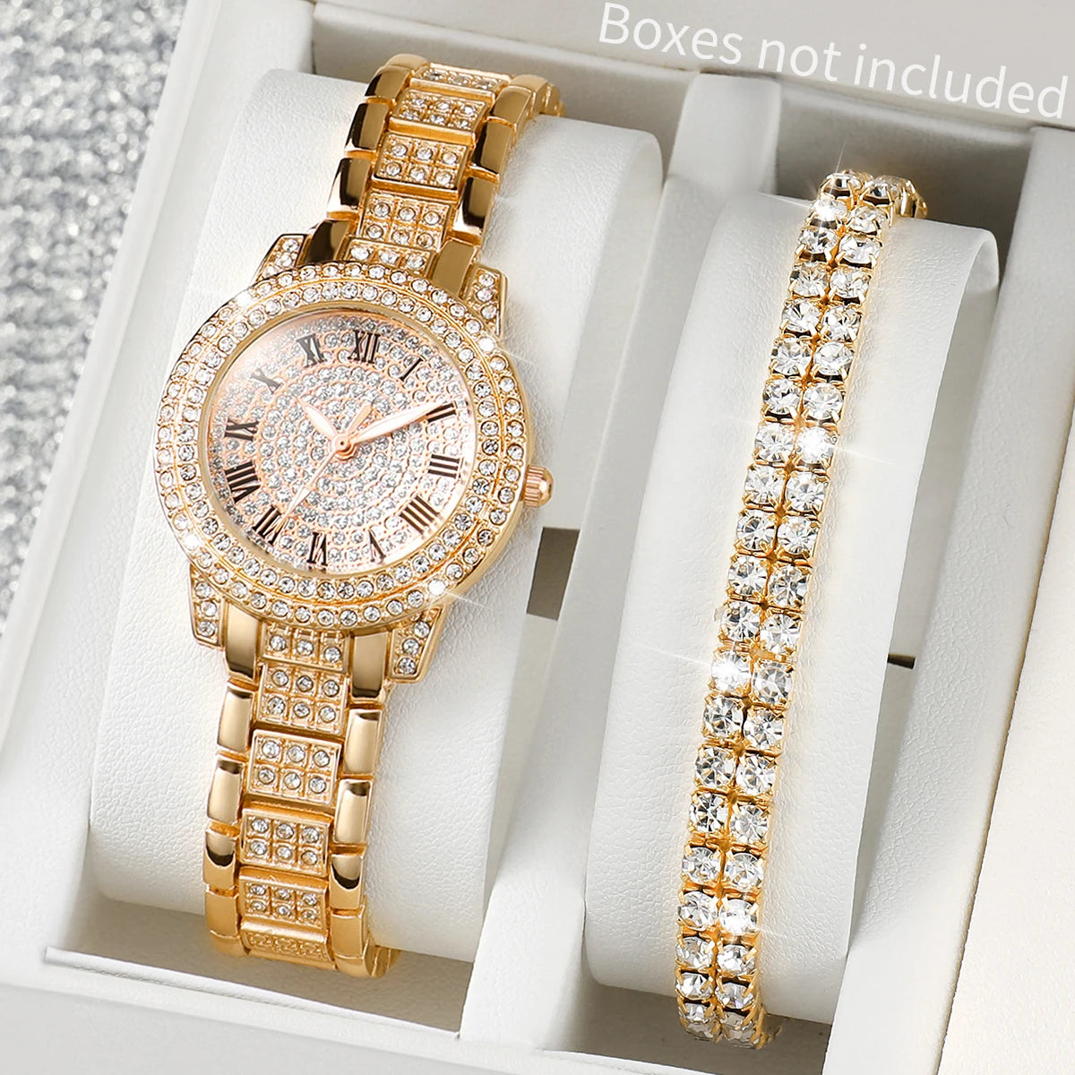Luxury Full Diamond Women's Quartz Watch & Bracelet Set – 2PCS Gold Steel Band Wristwatch