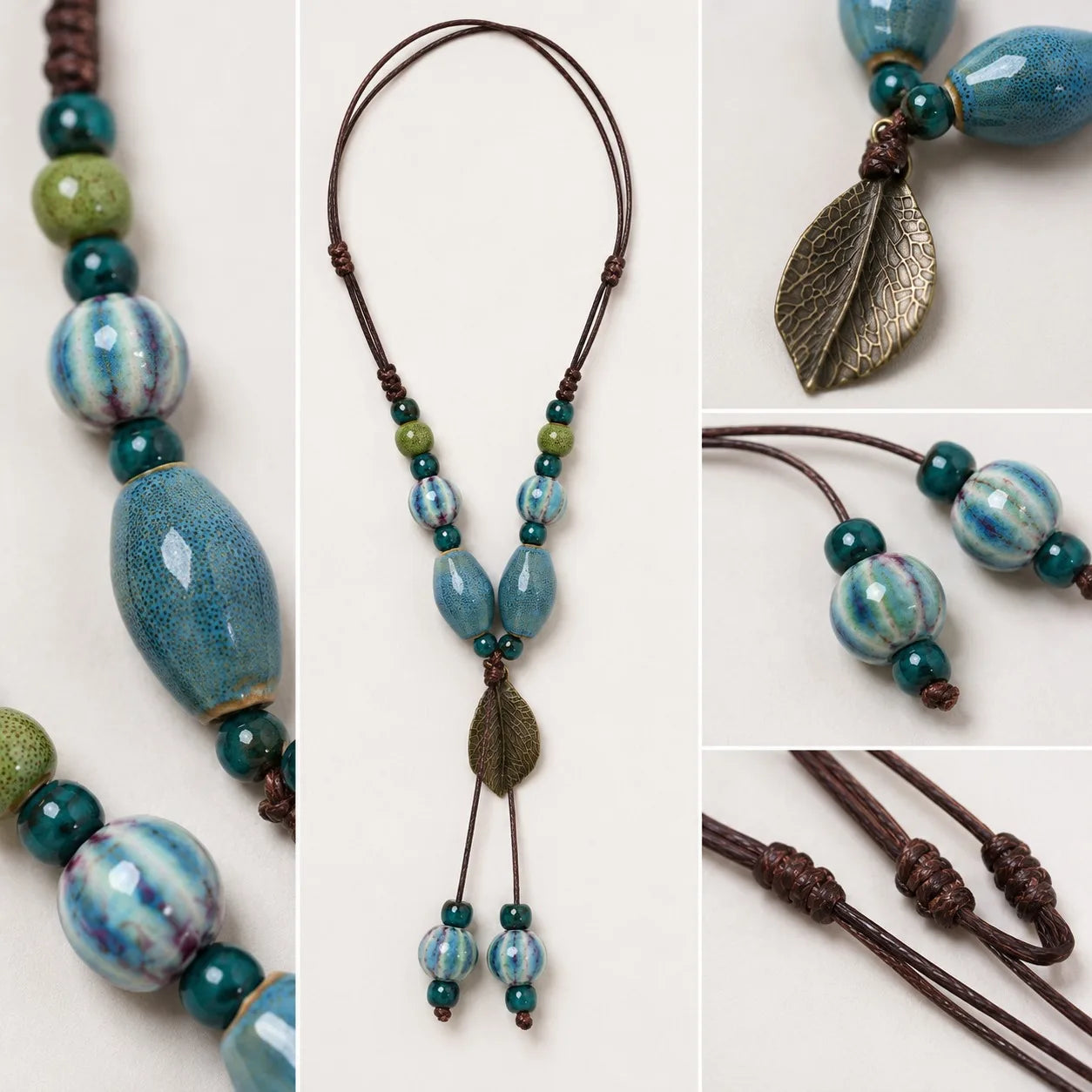 Handmade Ceramic Leaf Pendant Necklace – Adjustable Wax Cord Artisan Jewelry Gift
