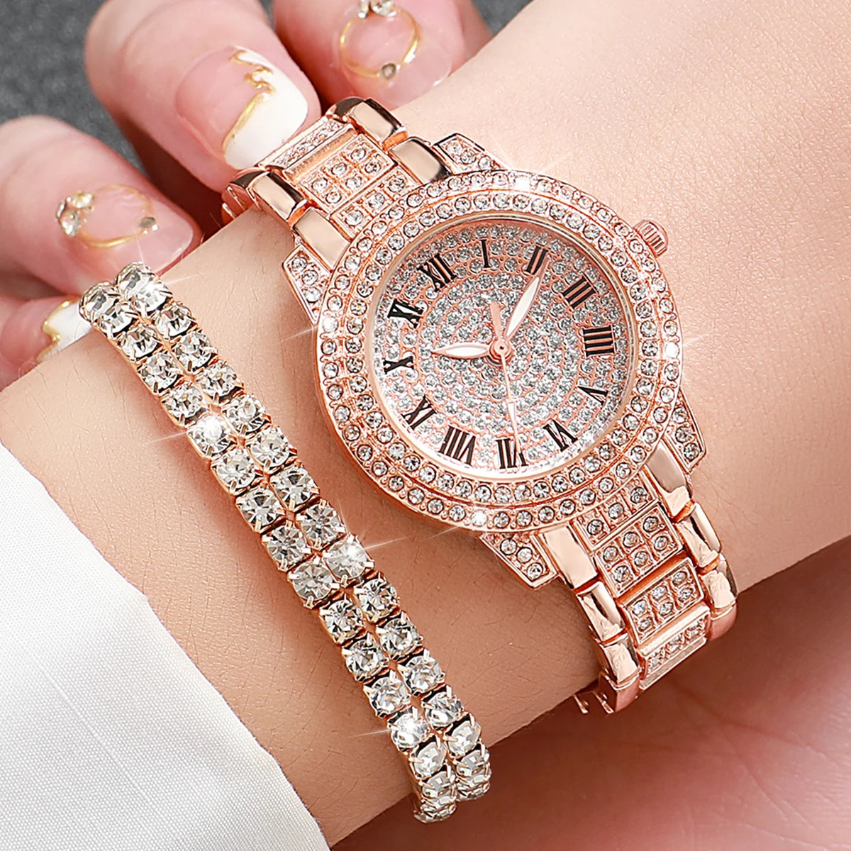 Luxury Full Diamond Women's Quartz Watch & Bracelet Set – 2PCS Gold Steel Band Wristwatch