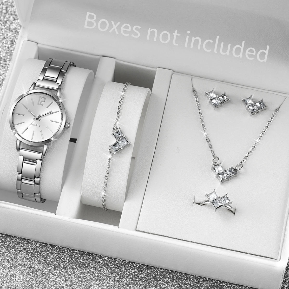 Women's Stainless Steel Quartz Watch & Diamond Jewelry Set – 6PCS Fashion Wristwatch