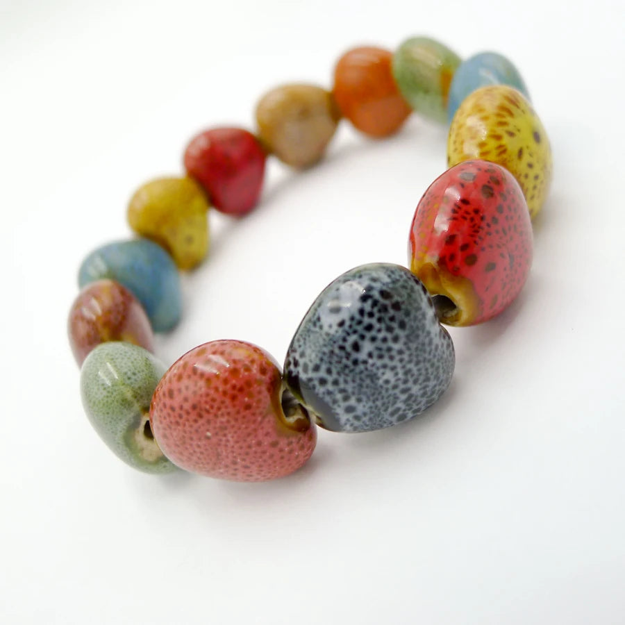 Handmade Heart Ceramic Bead Bracelet – Retro Artisan Jewelry for Women