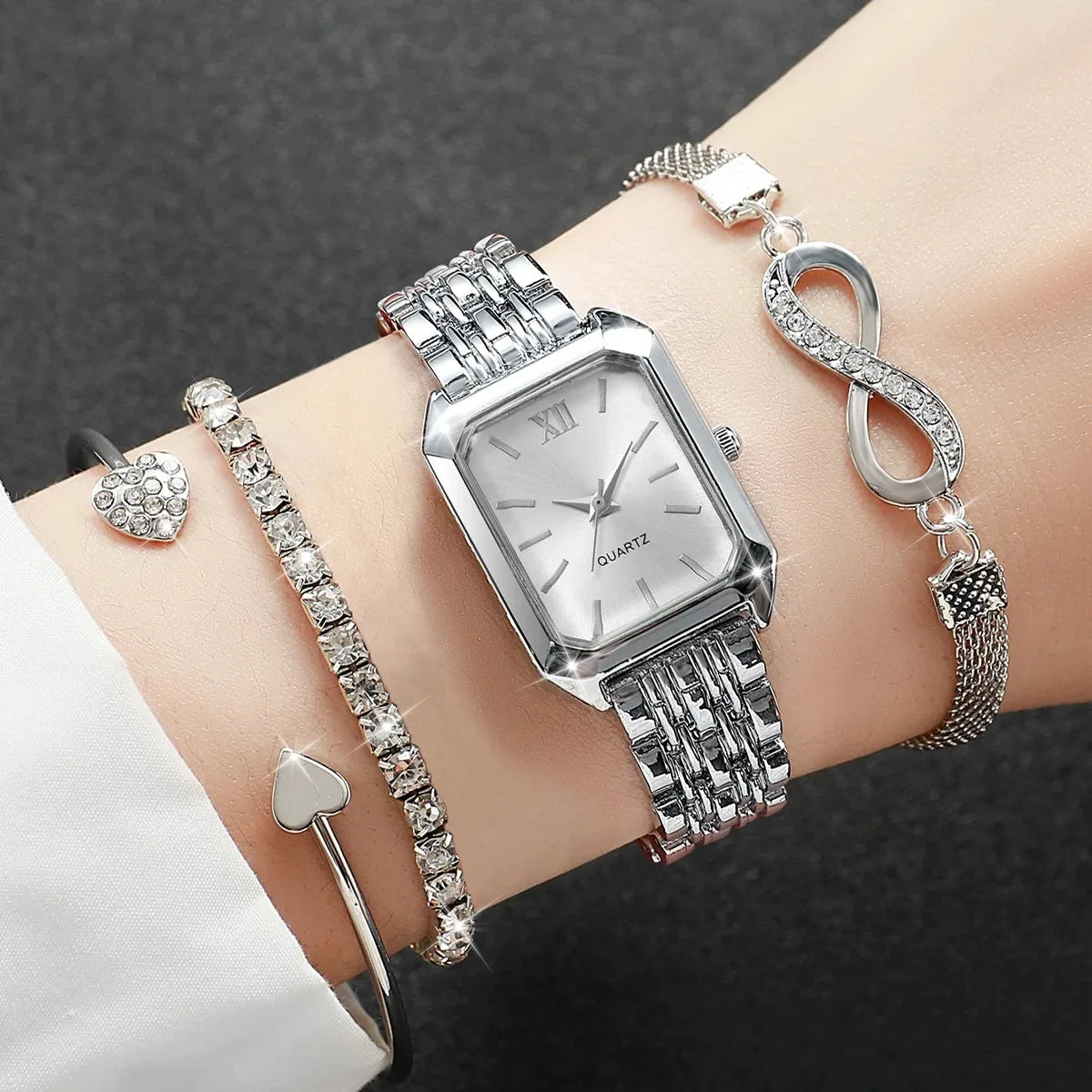 Elegant Rectangle Women's Quartz Watch & Rhinestone Bracelet Bangle Set – 4PCS Ladies Wristwatch