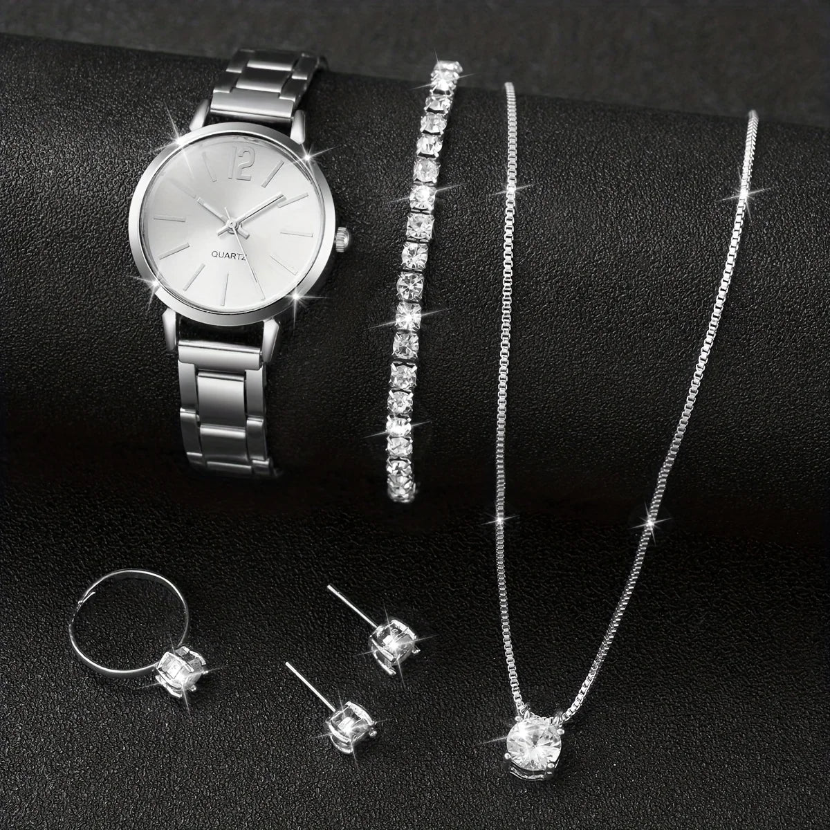 Women's Stainless Steel Quartz Watch & Diamond Jewelry Set – 6PCS Fashion Wristwatch
