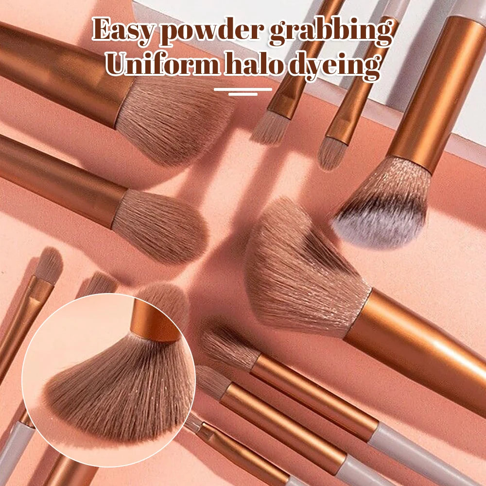 13-piece makeup brush set with soft bristles for eyeshadow, foundation, and blush. Includes a handy carrying bag