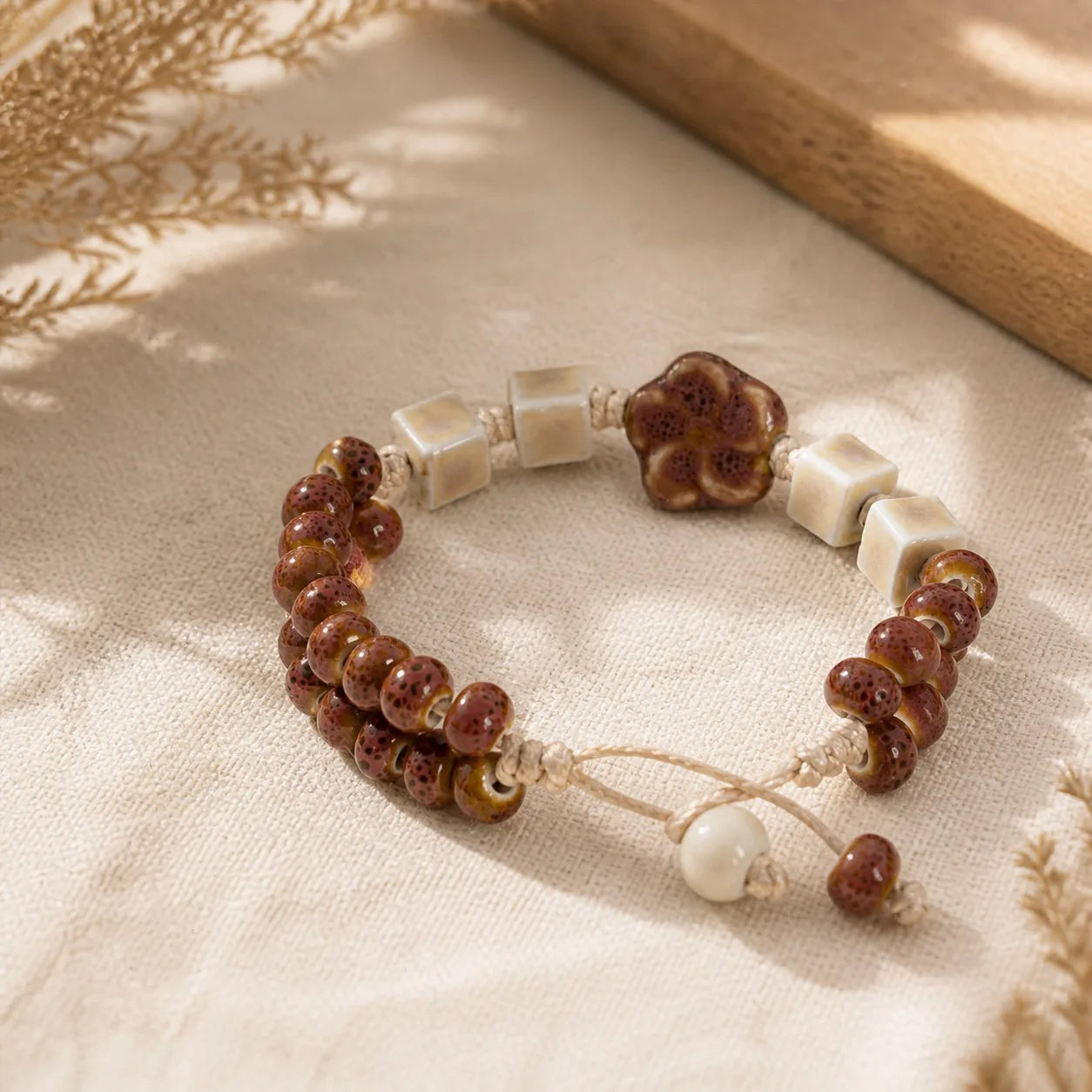 Handmade Ceramic Purple Flower Bead Bracelet – Glazed Charm Wax Cord Jewelry Gift