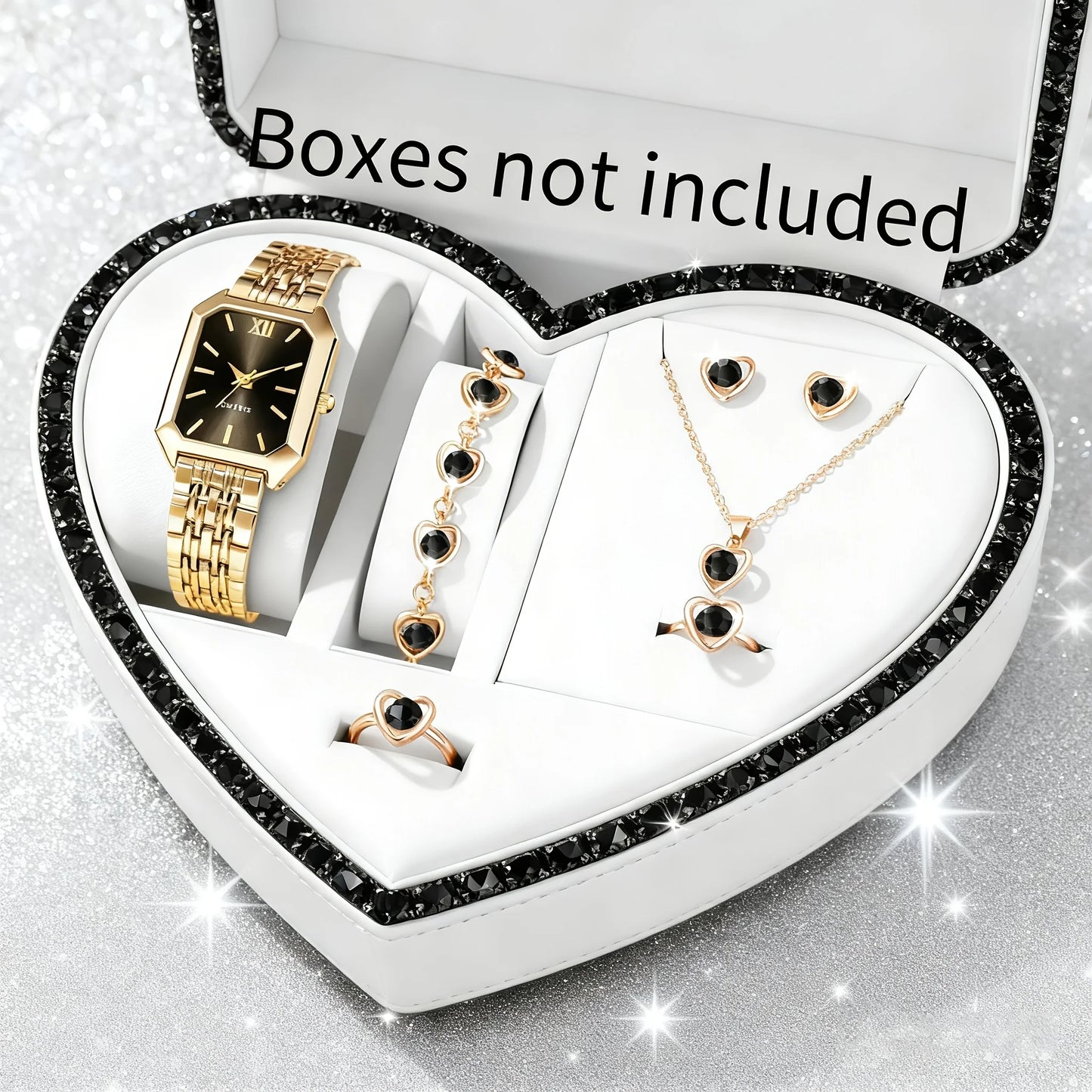 Elegant Rectangle Women's Quartz Watch & Rhinestone Jewelry Set – 6PCS Ladies Wristwatch