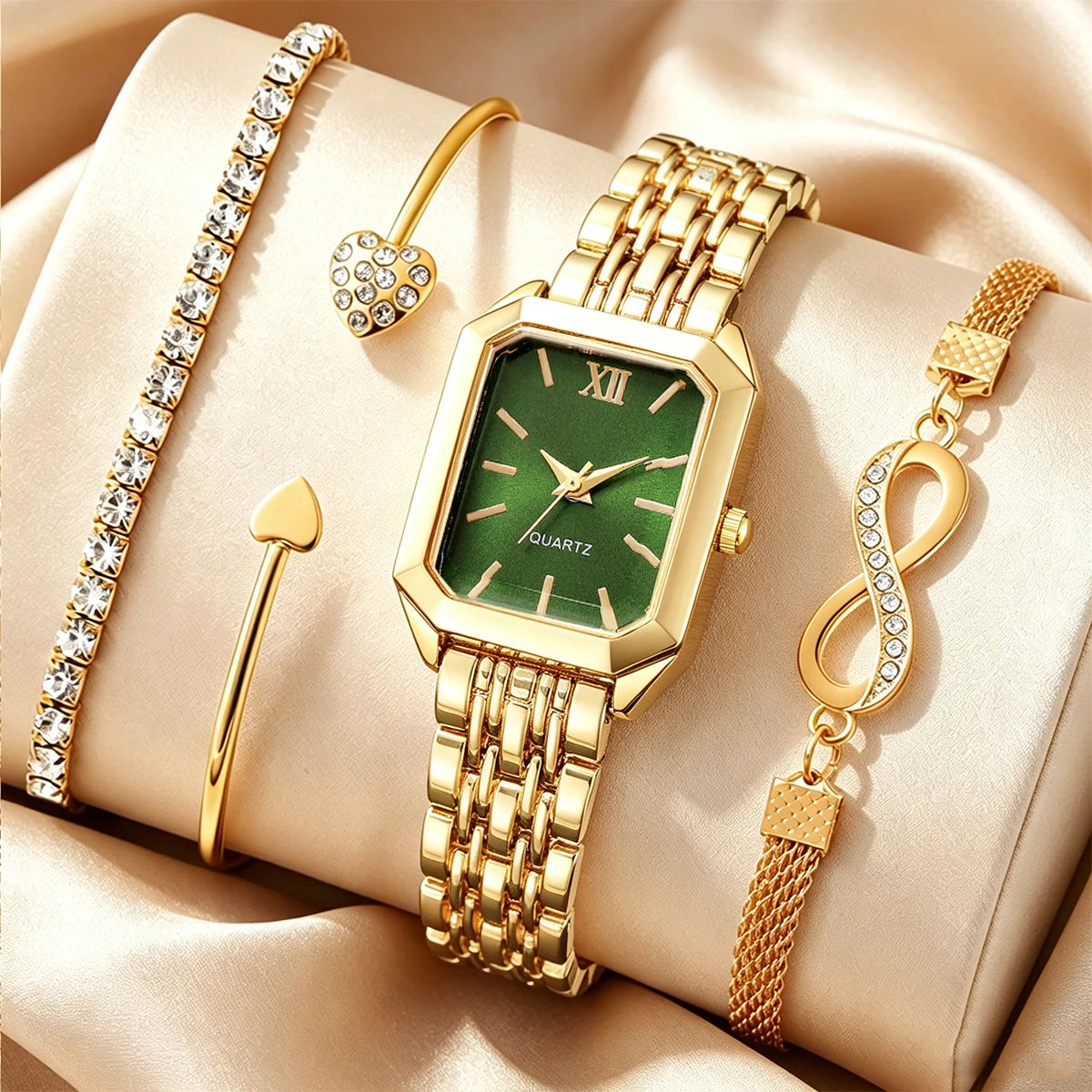Elegant Rectangle Women's Quartz Watch & Rhinestone Bracelet Bangle Set – 4PCS Ladies Wristwatch