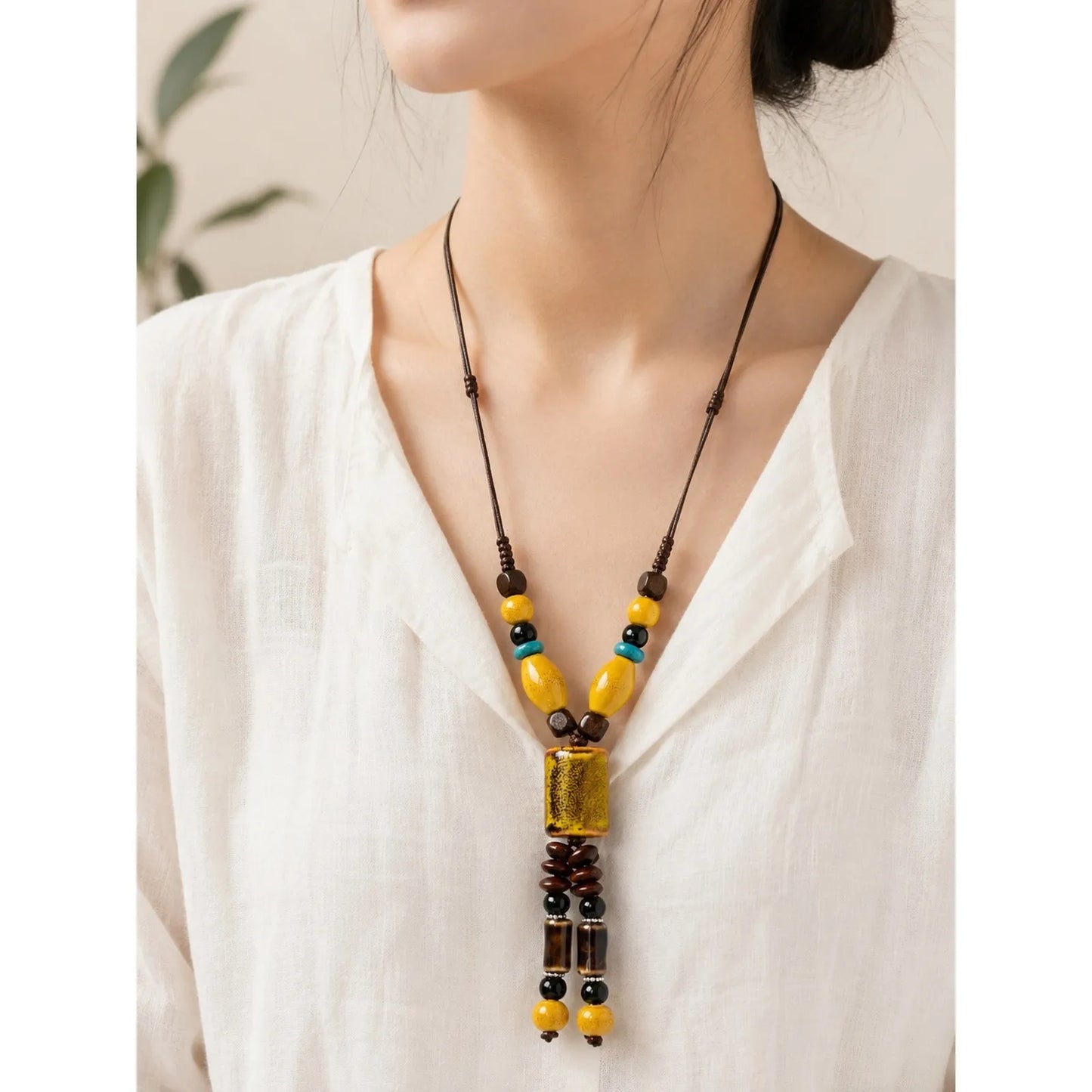 Handmade Ceramic Beaded Pendant Necklace – Adjustable Wax Cord Artisan Jewelry Gift for Women