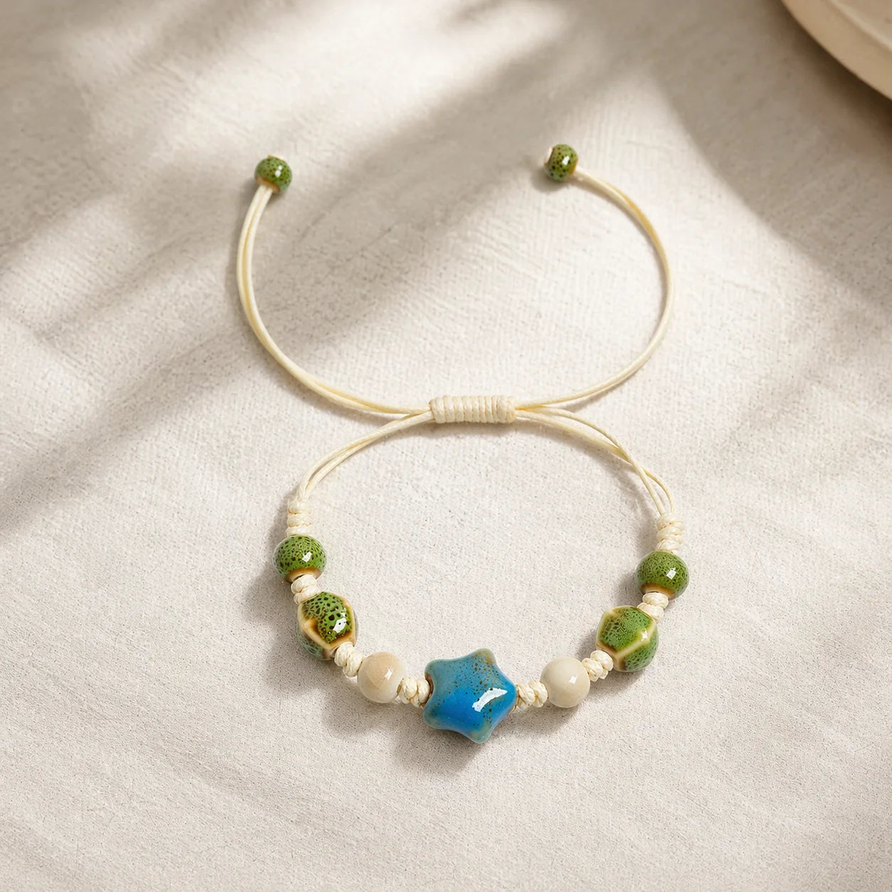 Handmade Ceramic Star Bracelet – Adjustable Braided Wax Cord Blue Charm Jewelry for Women