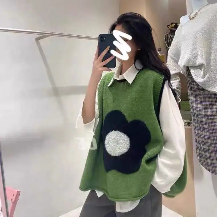 New Knitted Vest Women's Autumn Loose Small Fresh Flower Vest