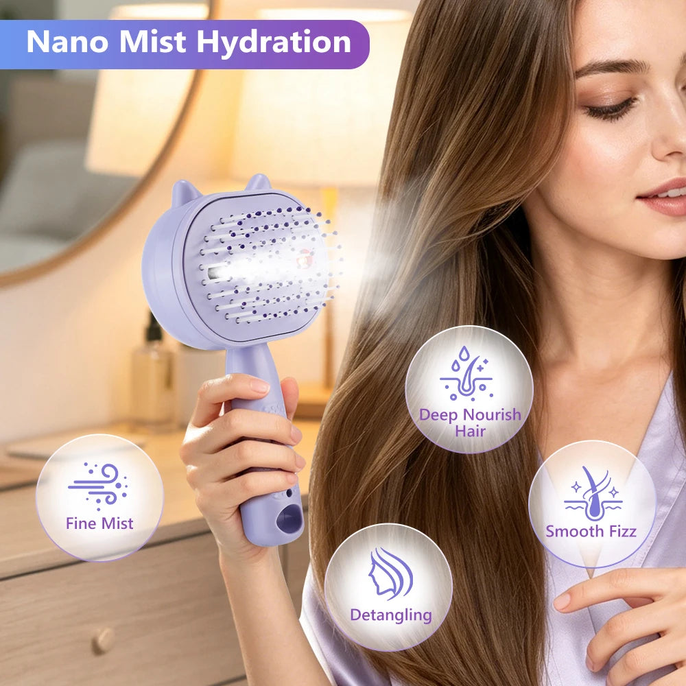 2-in-1 Misting Hair Brush – Water Spray Steam Comb for Frizz-Free Hair
