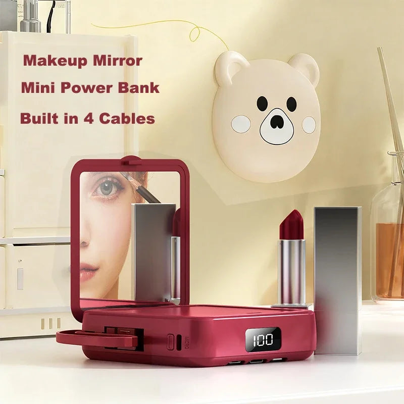 Mini Power Bank 20000mAh Portable Charger with Built-in 4 Cables Makeup Mirror Cute Pet Cartoon External Battery