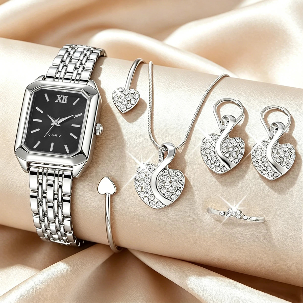 Elegant Rectangle Women's Quartz Watch & Rhinestone Heart Jewelry Set – 6PCS Ladies Wristwatch