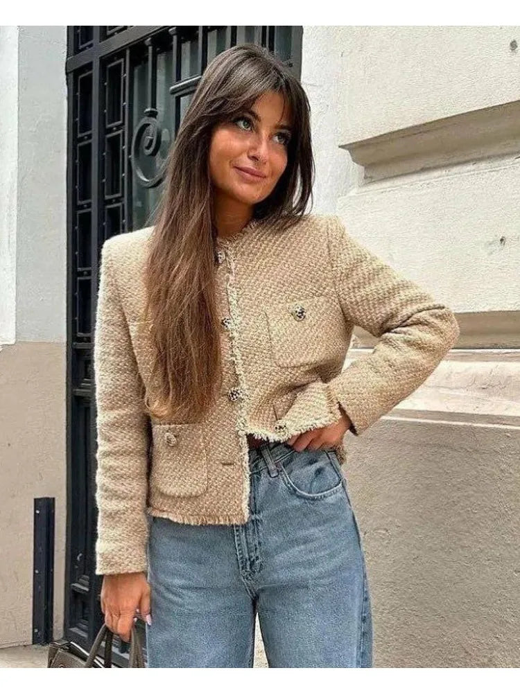 Chic Female Tweed Jacket Coat, Woolen Outerwear, Long Sleeve, Front Button