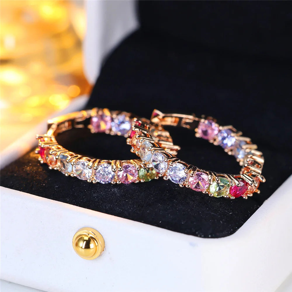 Luxury Crystal Pink Red Rainbow Zircon Round Hoop Earrings - Gold Color Wedding Jewelry for Women"