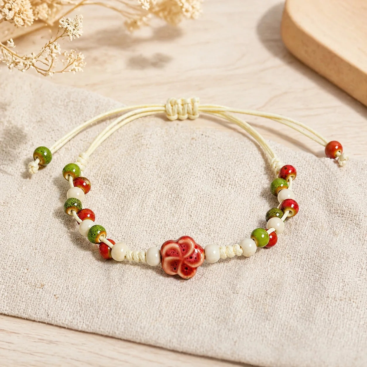 Handmade Ceramic Flower Bracelet – Adjustable Multicolor Beaded Wax Cord Jewelry Gift