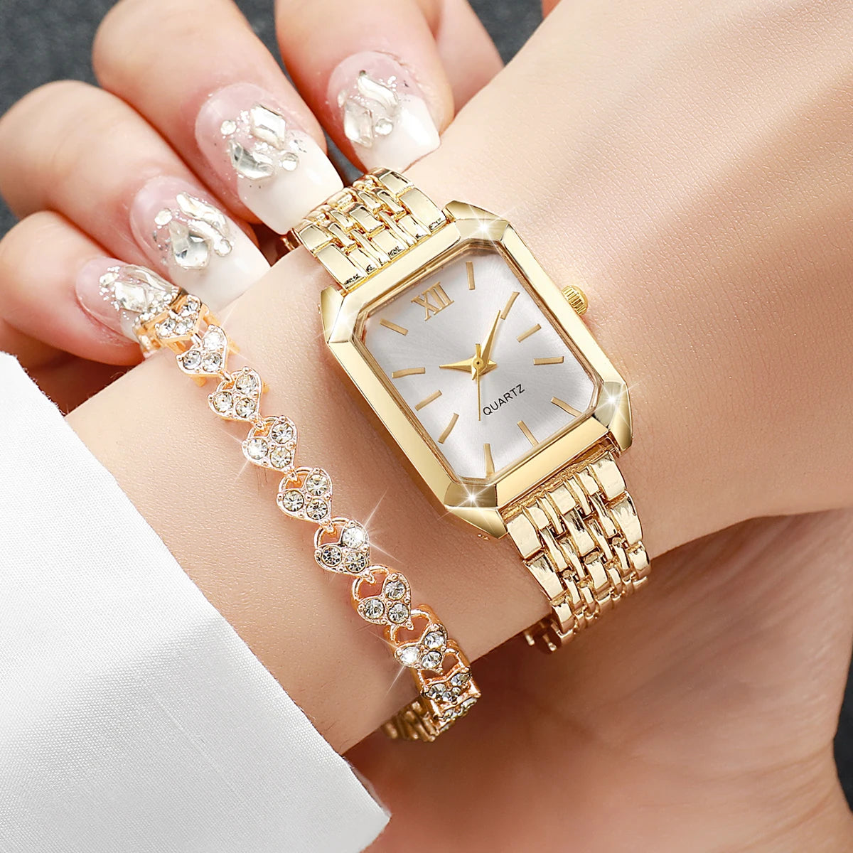 Elegant Rectangle Women's Quartz Watch & Heart Bracelet Set – 4PCS Ladies Wristwatch