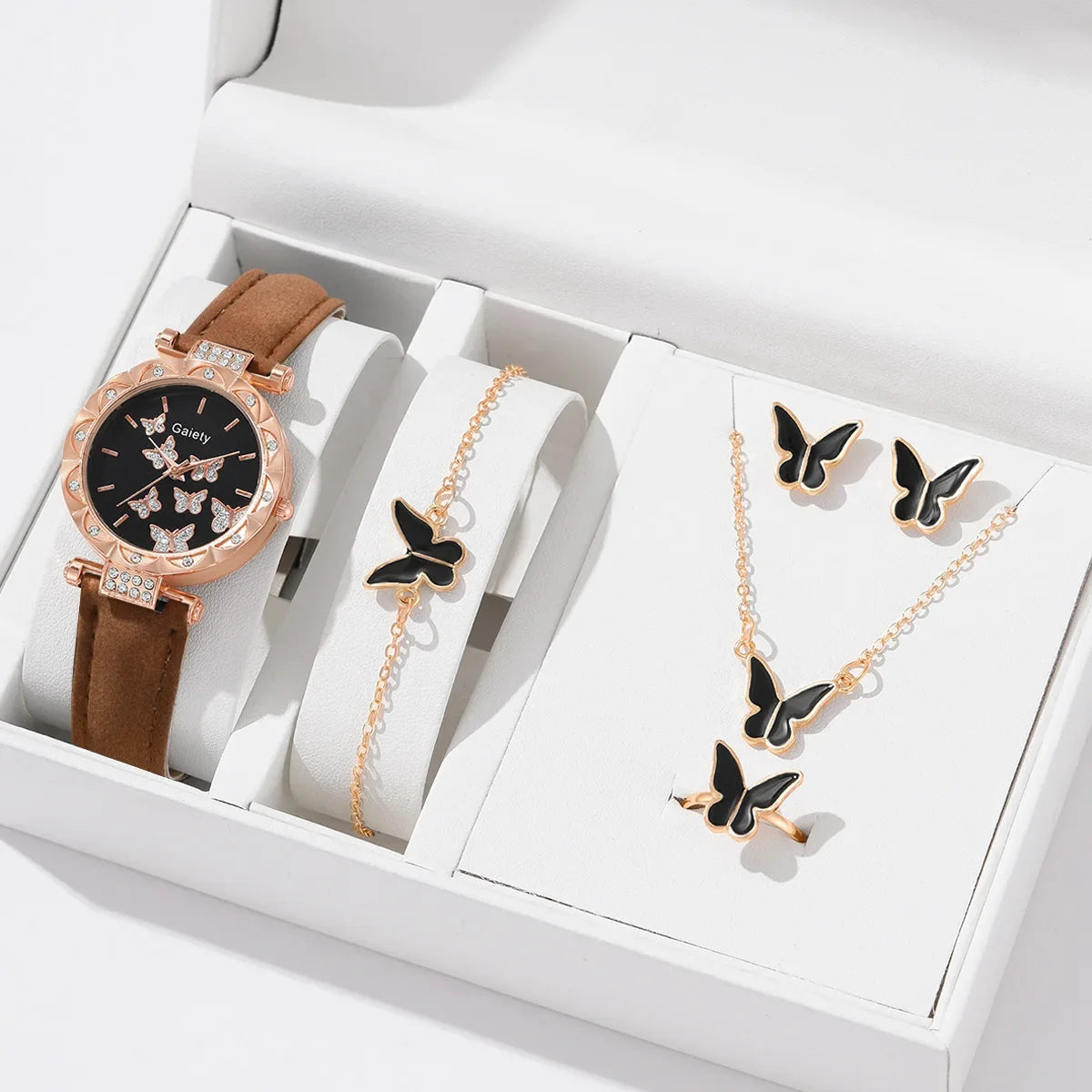 Women Watch Ring Necklace Earrings Bracelet Set Watches Butterfly