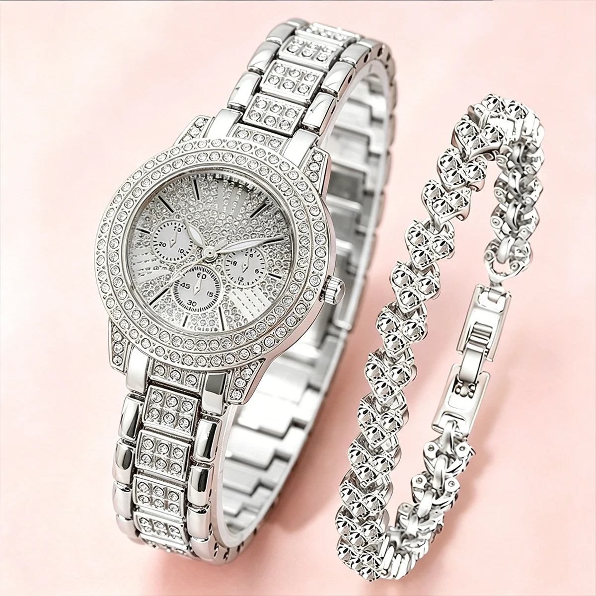 Luxury Full Diamond Women's Quartz Watch & Heart Bracelet Set – 2PCS Ladies Wristwatch