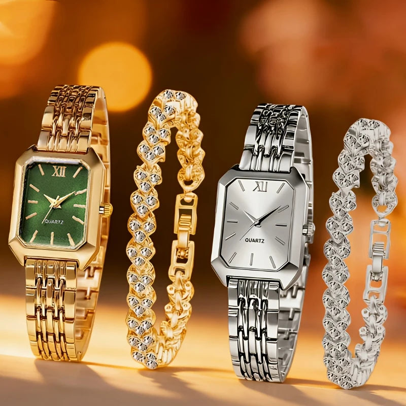 Elegant Rectangle Women's Quartz Watch & Heart Bracelet Set – 4PCS Ladies Wristwatch