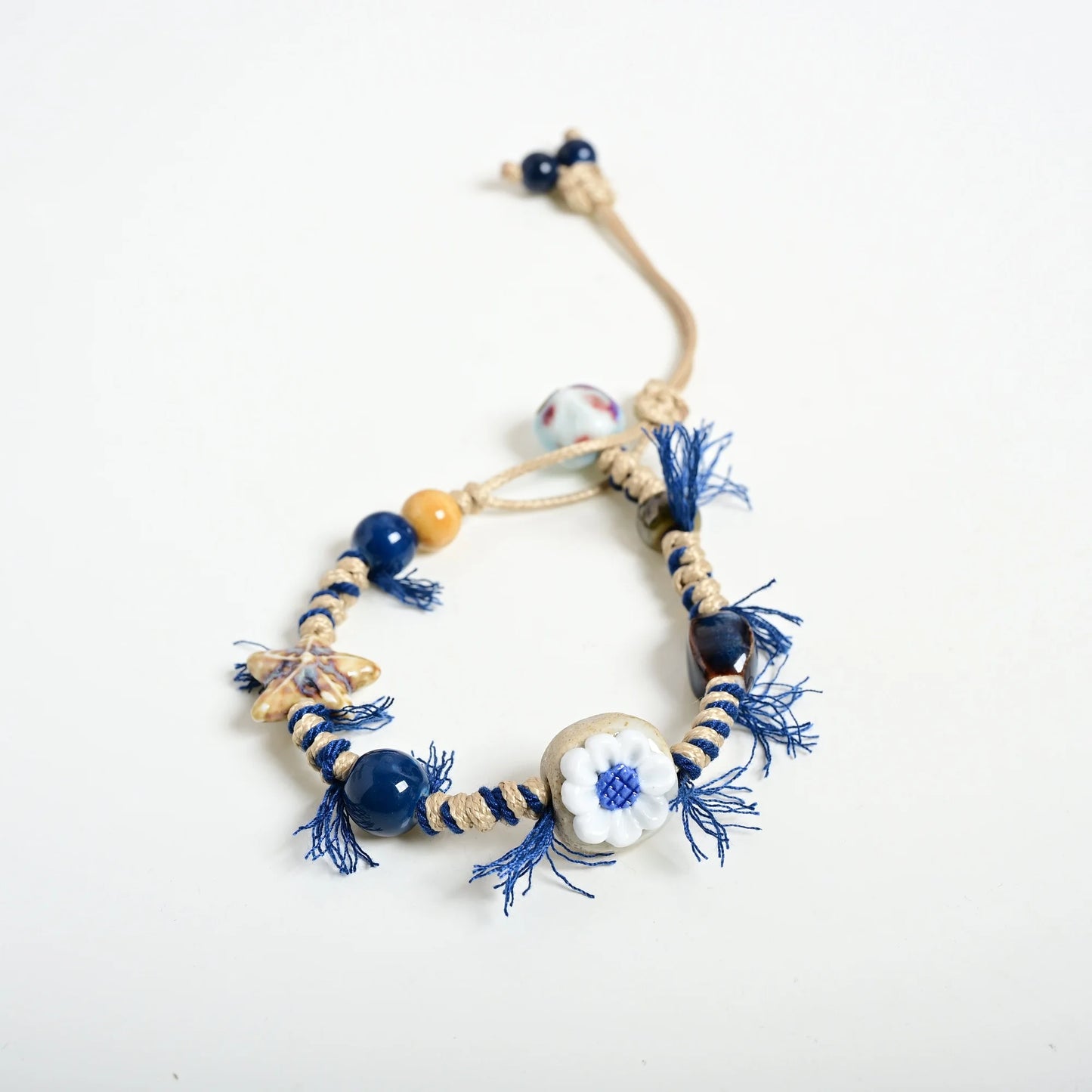 Handmade Ceramic Sunflower Bracelet – Adjustable Wax Cord Boho Floral Jewelry for Women