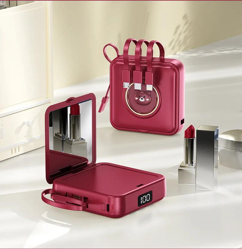 Mini Power Bank 20000mAh Portable Charger with Built-in 4 Cables Makeup Mirror Cute Pet Cartoon External Battery