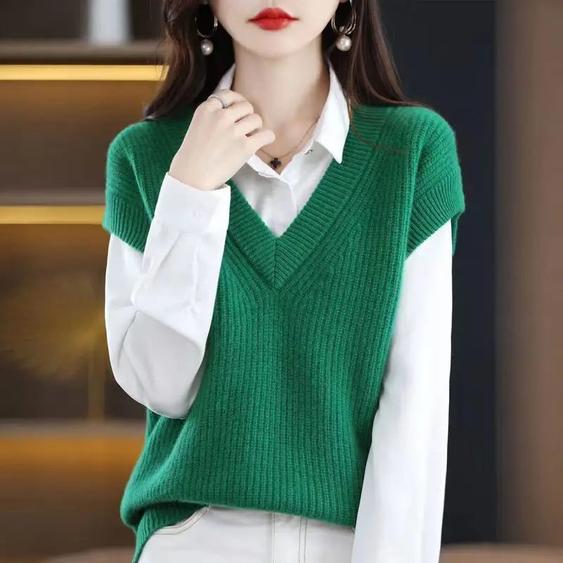 Autumn/Winter Women's V-Neck Knitted Vest - Loose Sleeveless Pullover