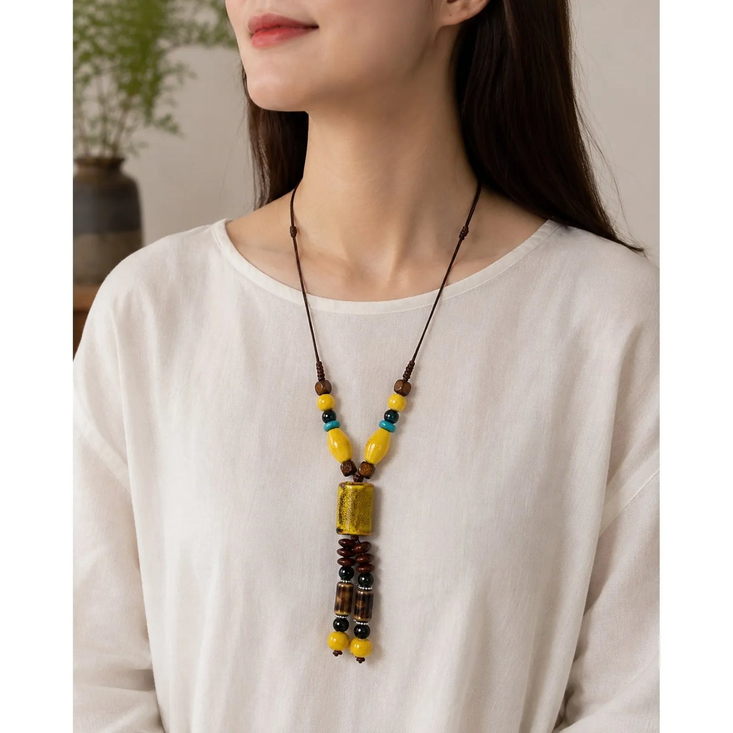Handmade Ceramic Beaded Pendant Necklace – Adjustable Wax Cord Artisan Jewelry Gift for Women