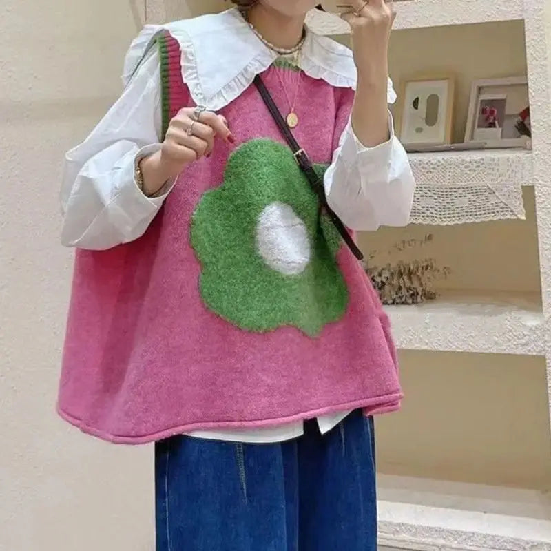 New Knitted Vest Women's Autumn Loose Small Fresh Flower Vest