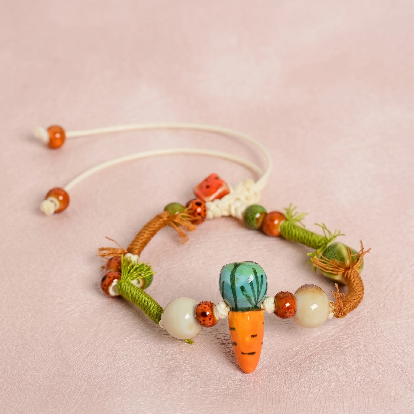 Handmade Ceramic Vegetable Bracelet – Corn & Carrot Braided Wax Cord Boho Jewelry for Women