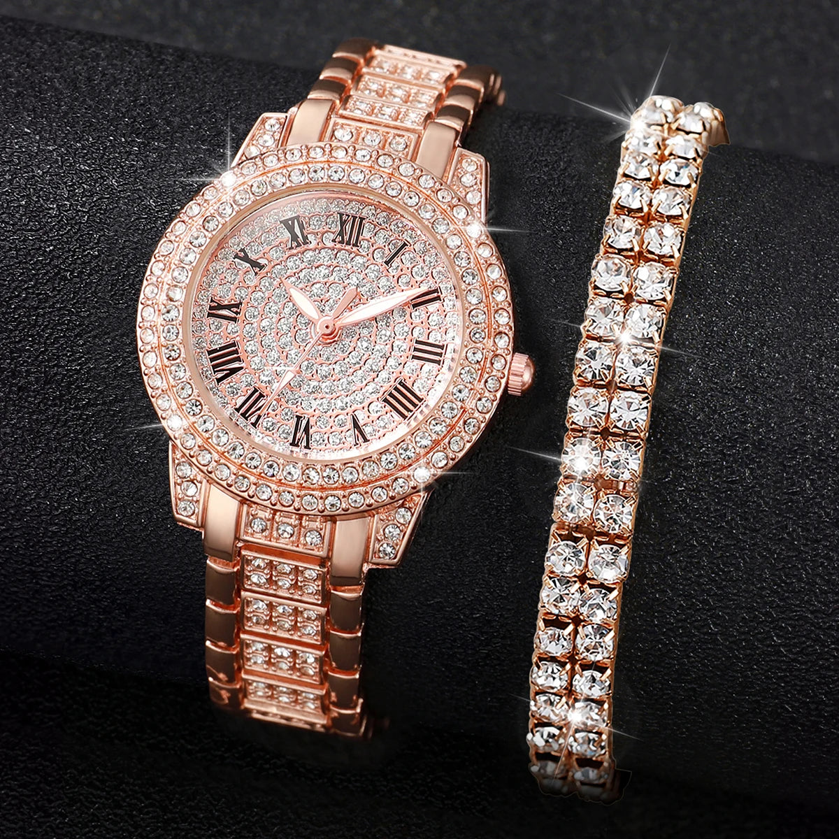 Luxury Full Diamond Women's Quartz Watch & Bracelet Set – 2PCS Gold Steel Band Wristwatch
