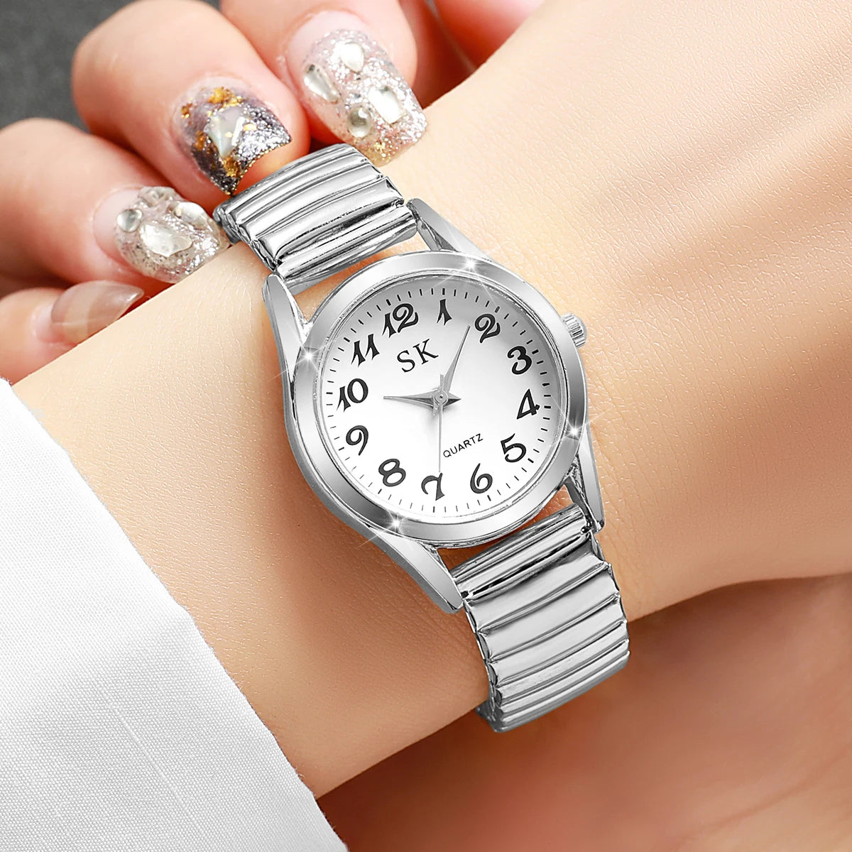 Elegant Elastic Strap Women's Quartz Watch – Small Arabic Dial Ladies Wristwatch Set