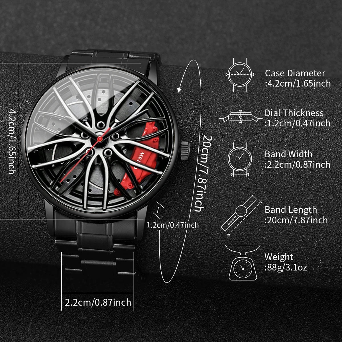 Men's Sports 3D Car Wheel Quartz Watch – Stainless Steel Band Wristwatch