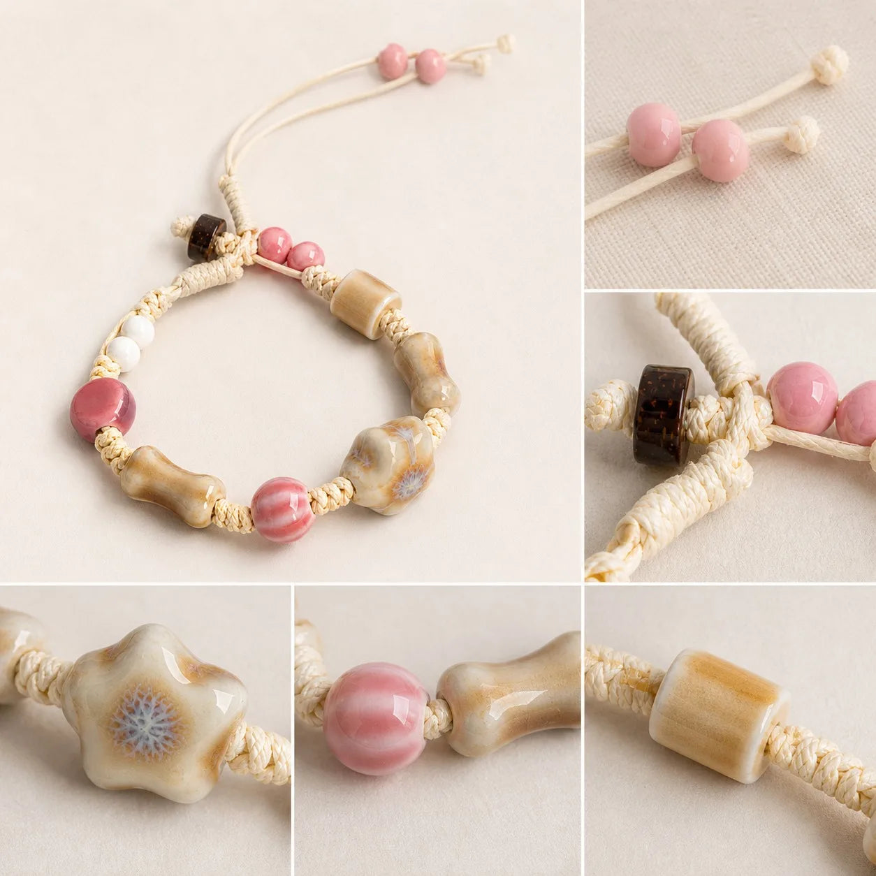 Handmade Ceramic Bone Bead & Star Charm Bracelet – Adjustable Wax Cord Artisan Jewelry