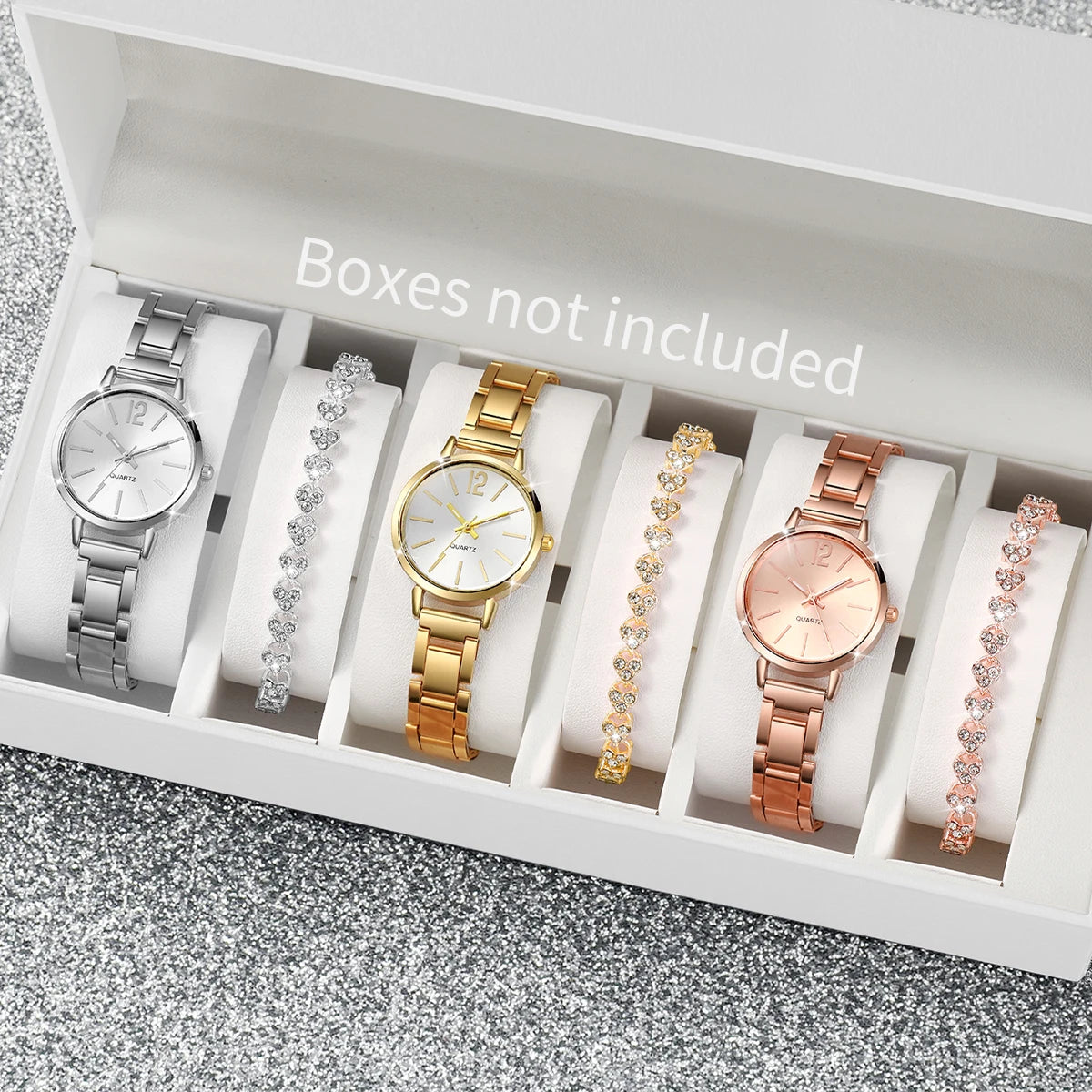Women's Steel Band Quartz Watch & Diamond Bracelet Set – 6PCS Fashion Wristwatch