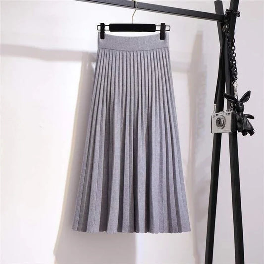 Knitted skirt women mid-length spring and autumn new 2025 elastic high waist thin a-line wool solid pleated long skirt female