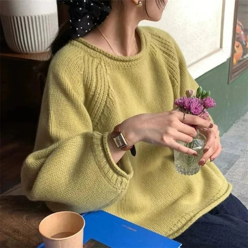Korean rolled edge solid color pullover sweater for women gentle and loose knit top versatile and lazy soft and sticky sweater
