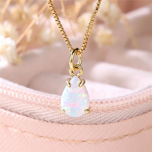 Cute White Opal Pendant Necklace - Vintage Gold