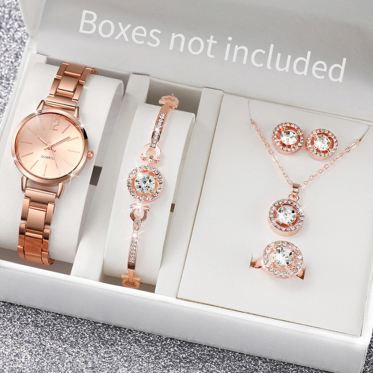 Women's Stainless Steel Quartz Watch & Diamond Jewelry Set – 6PCS Fashion Wristwatch