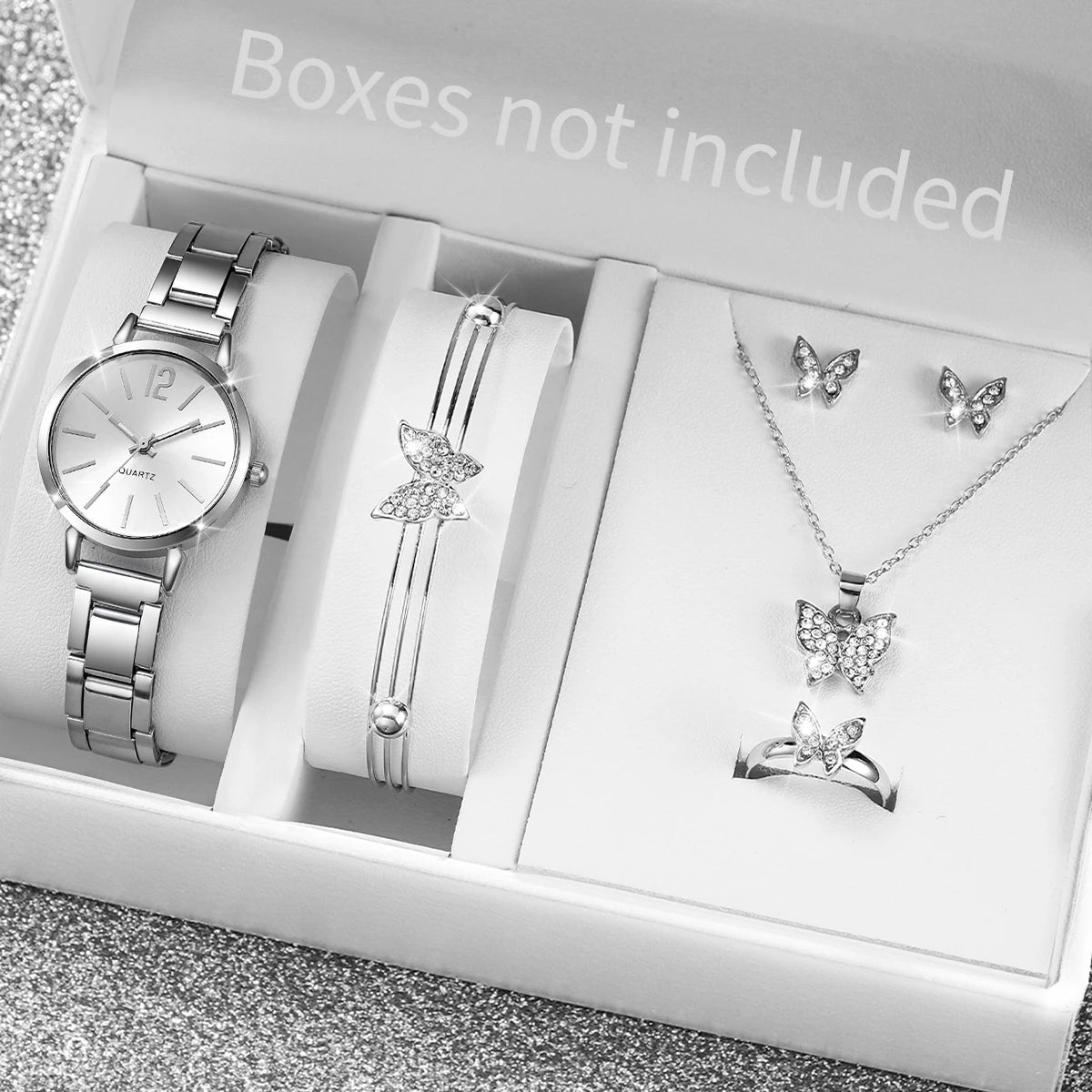 Women's Stainless Steel Quartz Watch & Diamond Jewelry Set – 6PCS Fashion Wristwatch