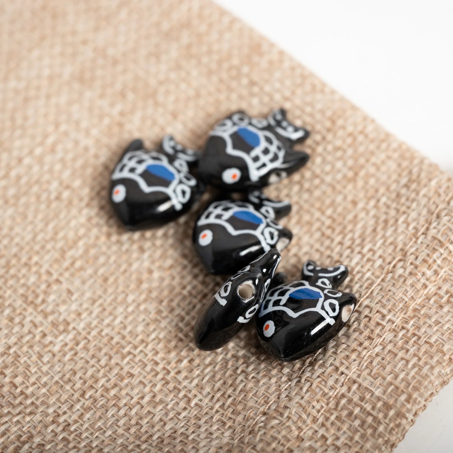 Handmade Black Pattern Fish Ceramic Beads – Painted DIY Loose Beads for Bracelet & Necklace (5pcs)