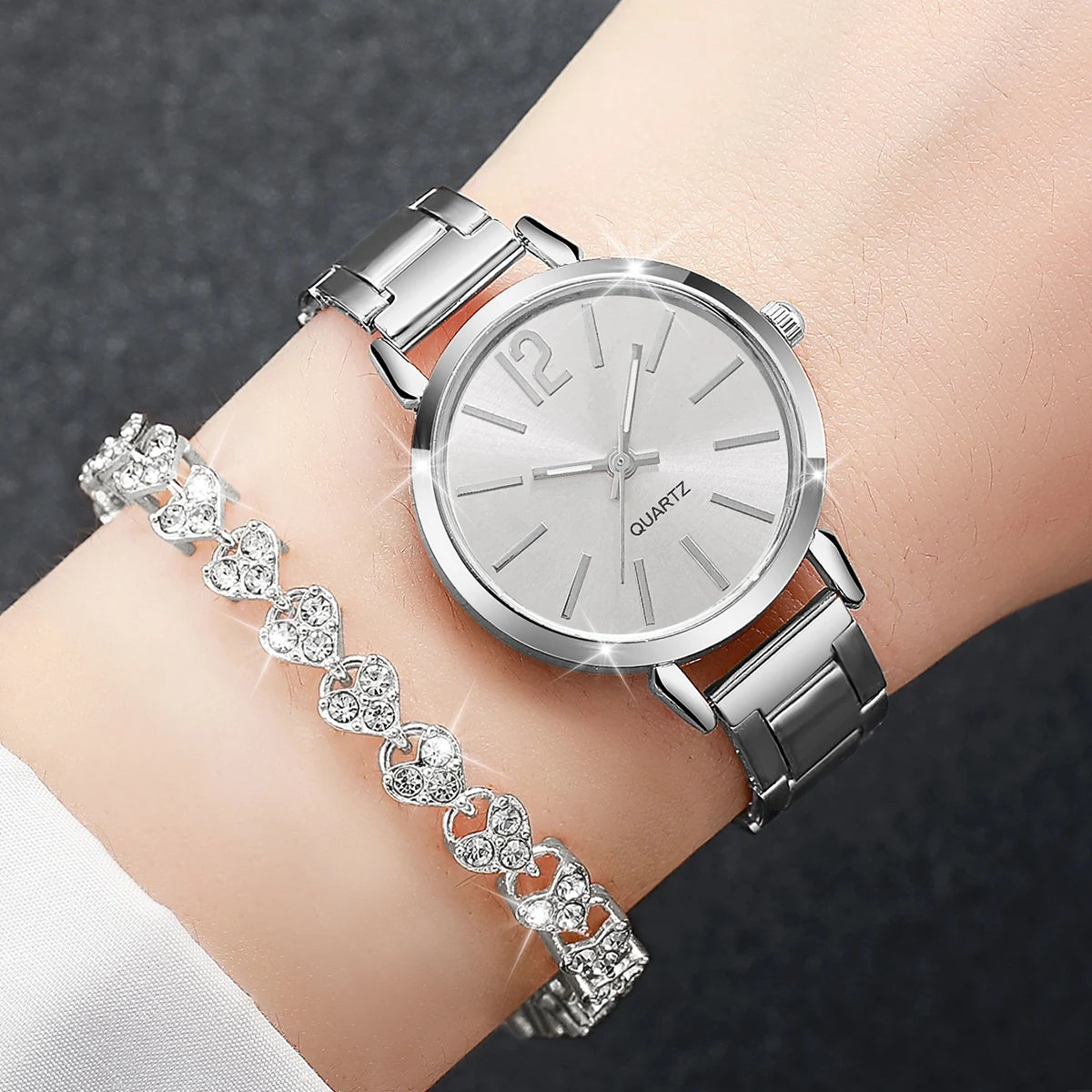 Women's Steel Band Quartz Watch & Diamond Bracelet Set – 6PCS Fashion Wristwatch