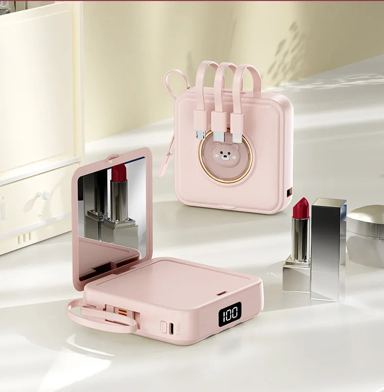 Mini Power Bank 20000mAh Portable Charger with Built-in 4 Cables Makeup Mirror Cute Pet Cartoon External Battery